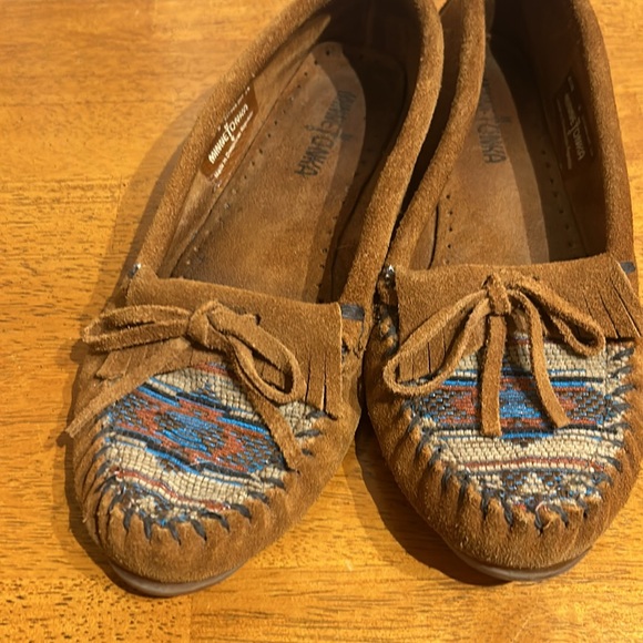 Minnetonka Suede Woven Moccasins - Picture 2 of 7
